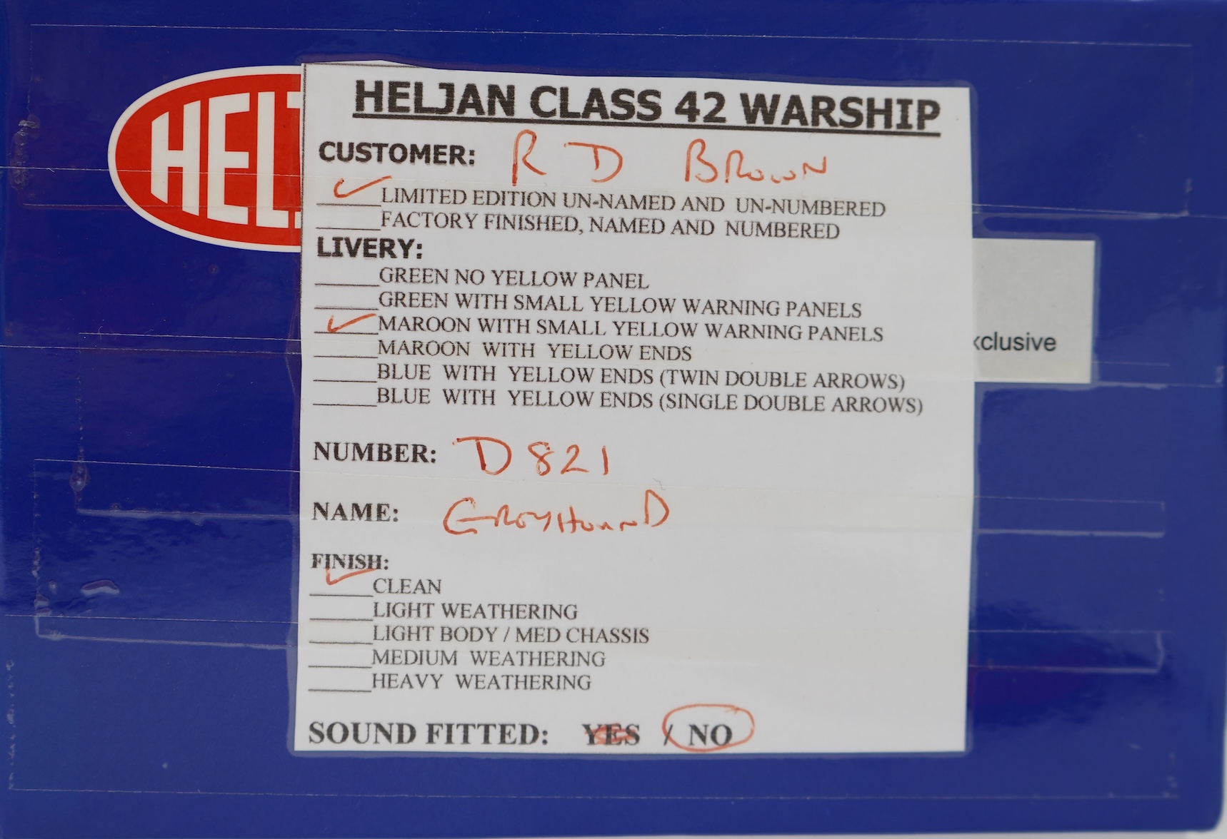 An 0 Gauge Heljan model of BR Warship Class Greyhound D821 Bo-Bo diesel hydraulic locomotive, powered for two rail operation, with original box and operating leaflet.